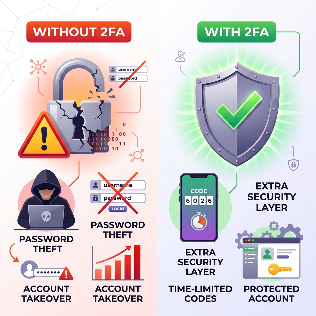 Infographic comparing account security with and without two-factor authentication — showing risks of no 2FA versus protection with 2FA enabled