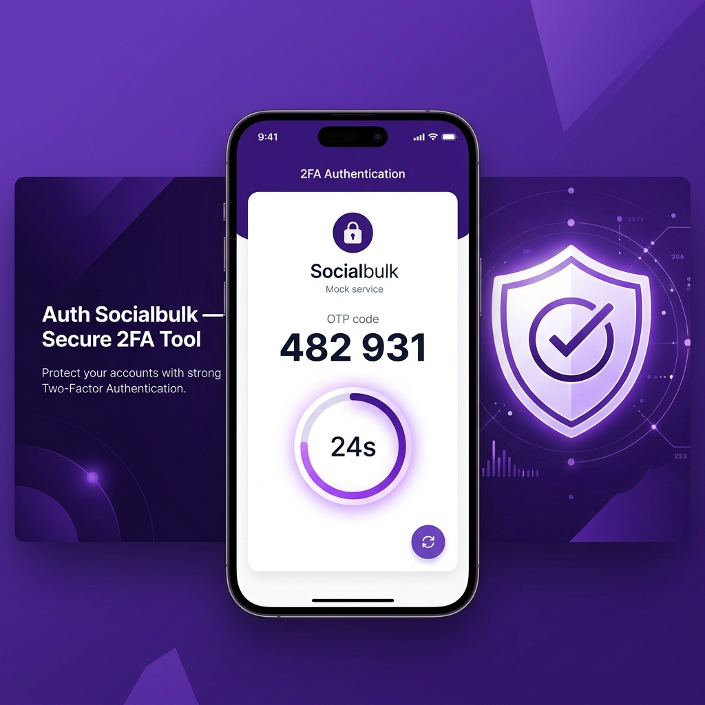 Auth Socialbulk 2FA authenticator tool showing a secure OTP code on a smartphone with purple shield