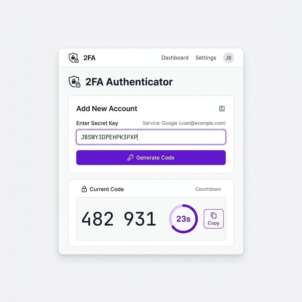 Screenshot of the Auth Socialbulk web interface showing the secret key input field, Generate Code button, and 6-digit OTP code result with a 30-second countdown timer