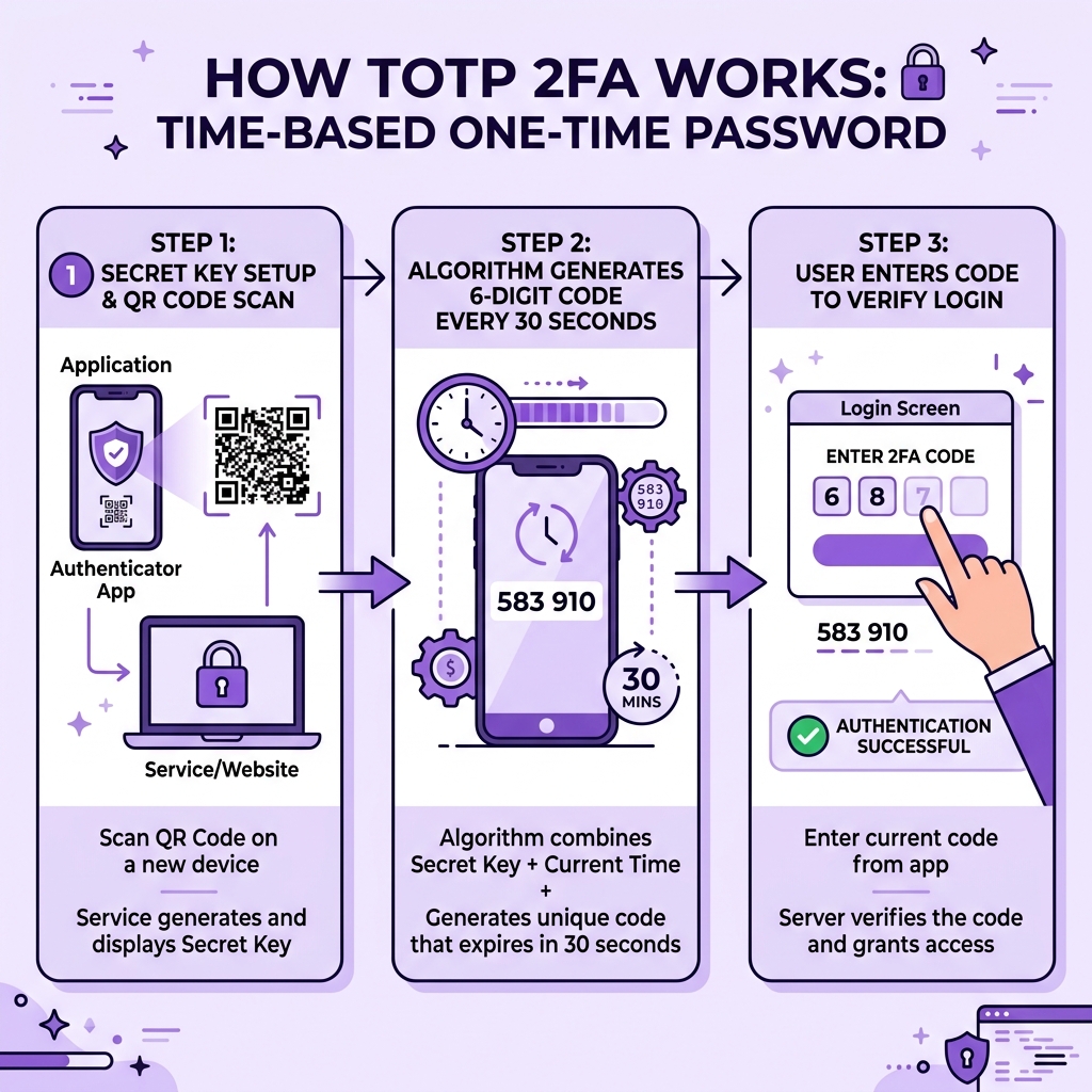 Step-by-step diagram showing how TOTP two-factor authentication works: secret key + current time = 6-digit OTP code generated every 30 seconds