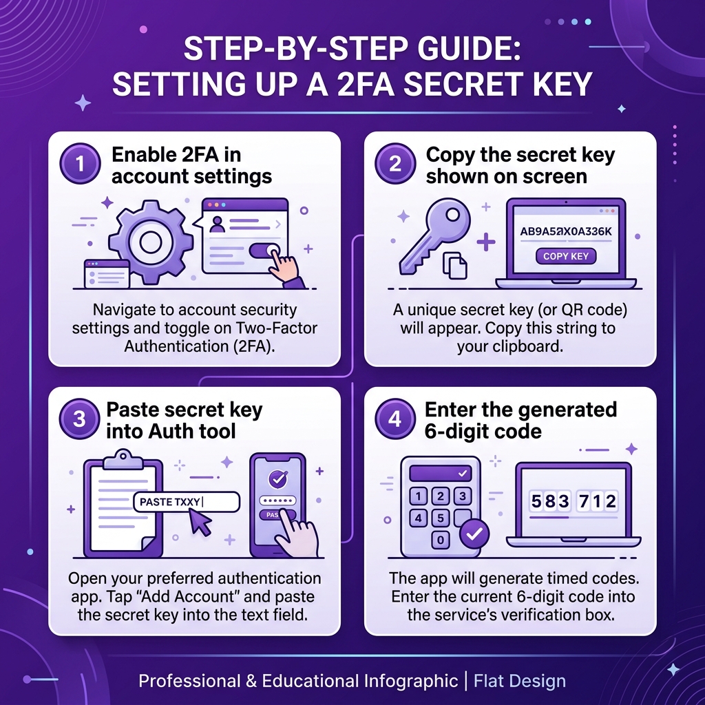 Step-by-step infographic showing how to set up and use a secret key with a 2FA authenticator tool in 4 steps: enable 2FA, copy secret key, paste into authenticator, enter generated code